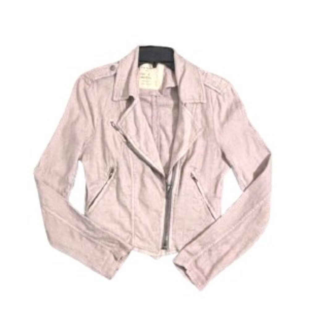 FREE PEOPLE Linen Neutral Blush Pink Cropped Moto Jacket SZ 4 - Picture 3 of 10